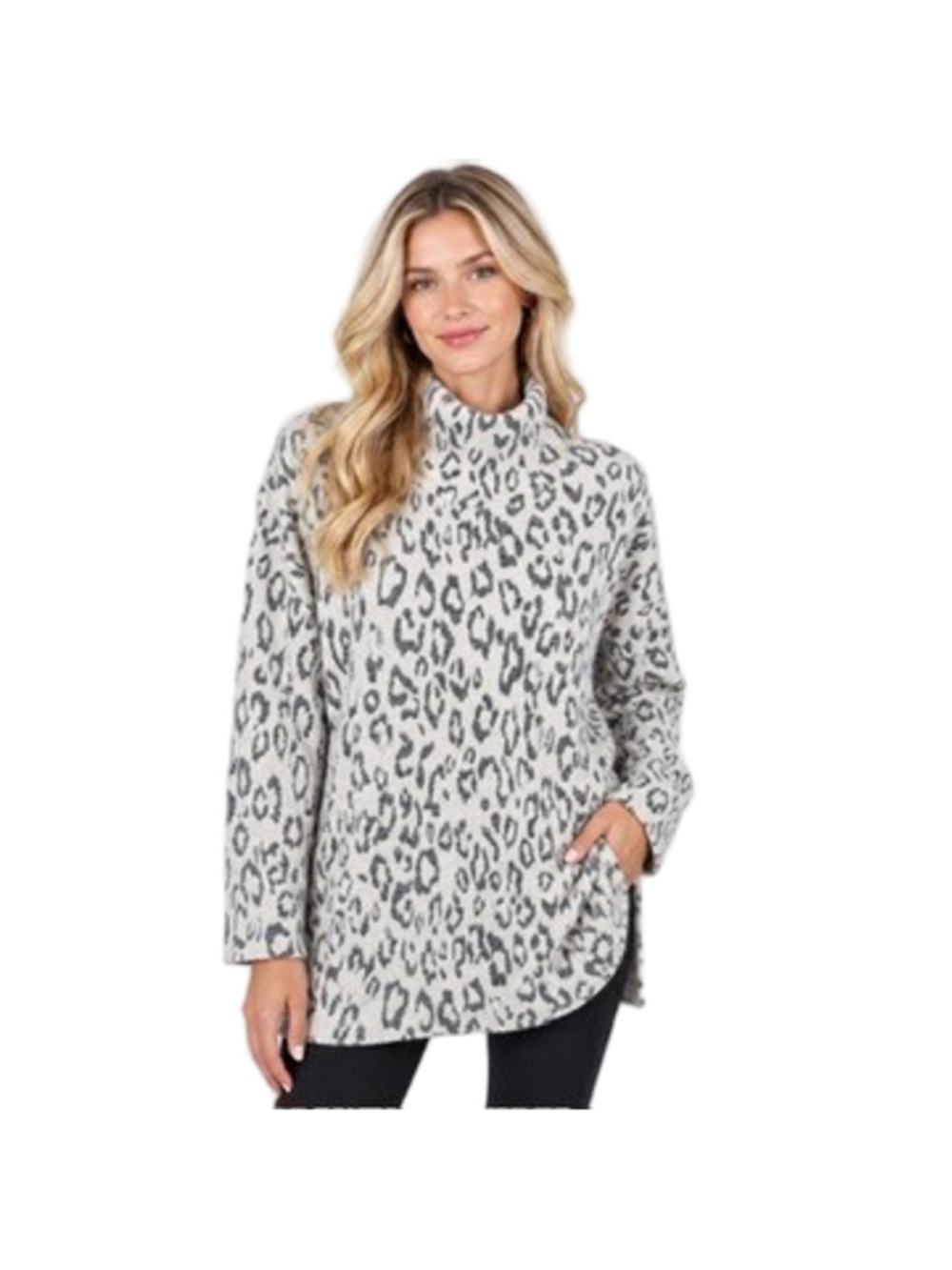 Chico's 3 Chauncey Tunic Sweater Mock Neck Snow Leopard Animal Print Size XL